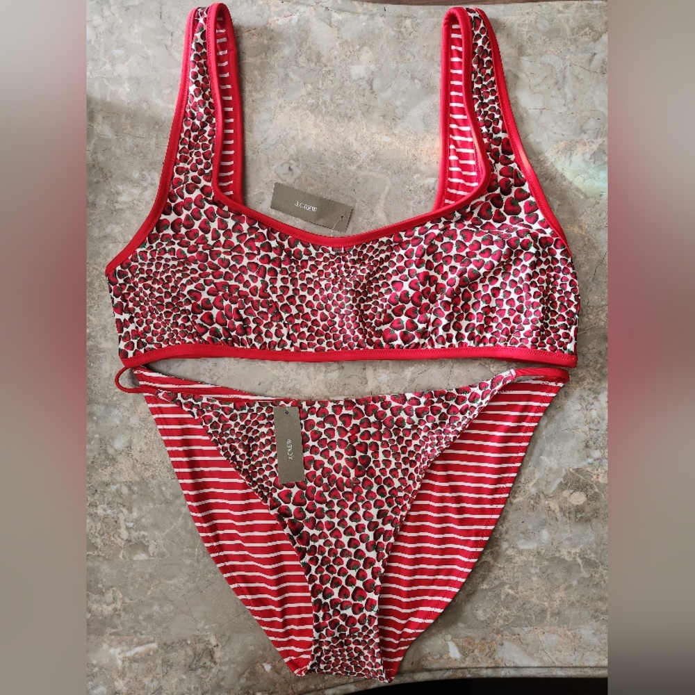 XXL J. Crew Swim Reversible Print Strawberry Striped Bikini Set Red White